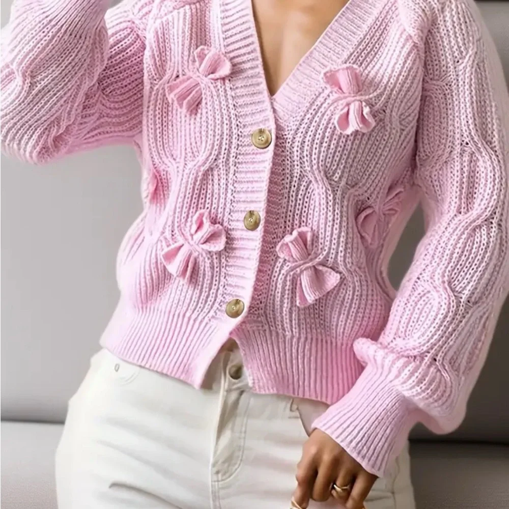 New Cardigan Pink Knitted Women's Sweater with Bow Details - Picture 5 of 6